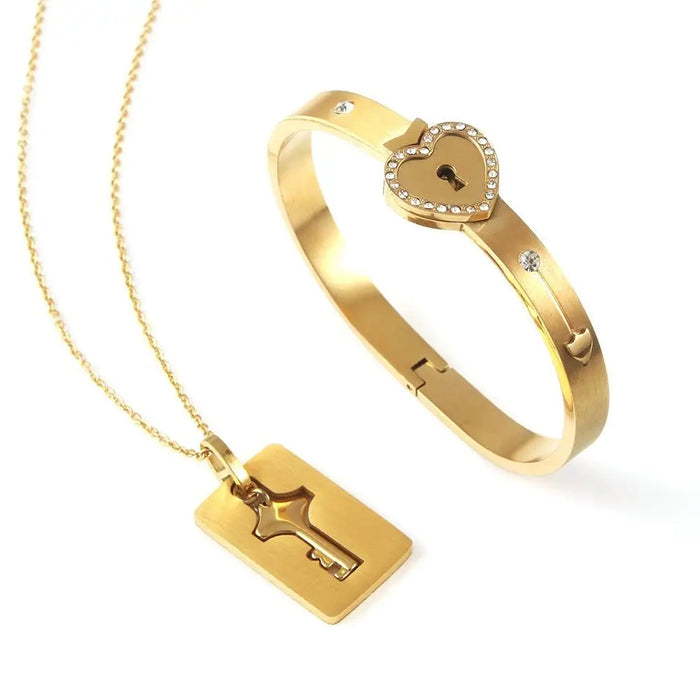 Gold Concentric Lock Key Stainless Steel Couple Heart Bracelet and Necklace Sets On Sale
