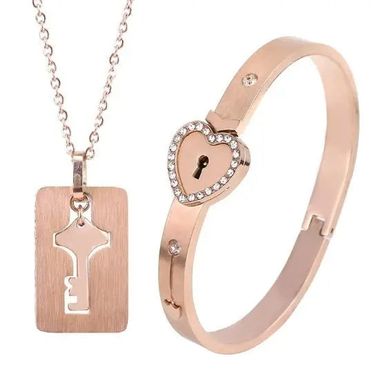 Rose Gold Concentric Lock Key Stainless Steel Couple Heart Bracelet and Necklace Sets On Sale