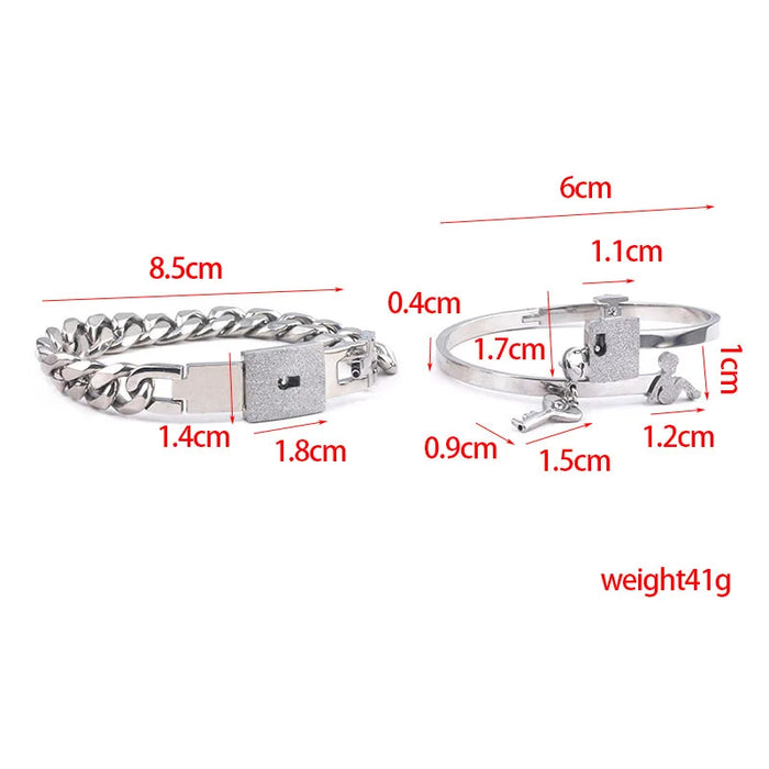 Silver Concentric Lock Key Stainless Steel Couple Heart Bracelets Set On Sale