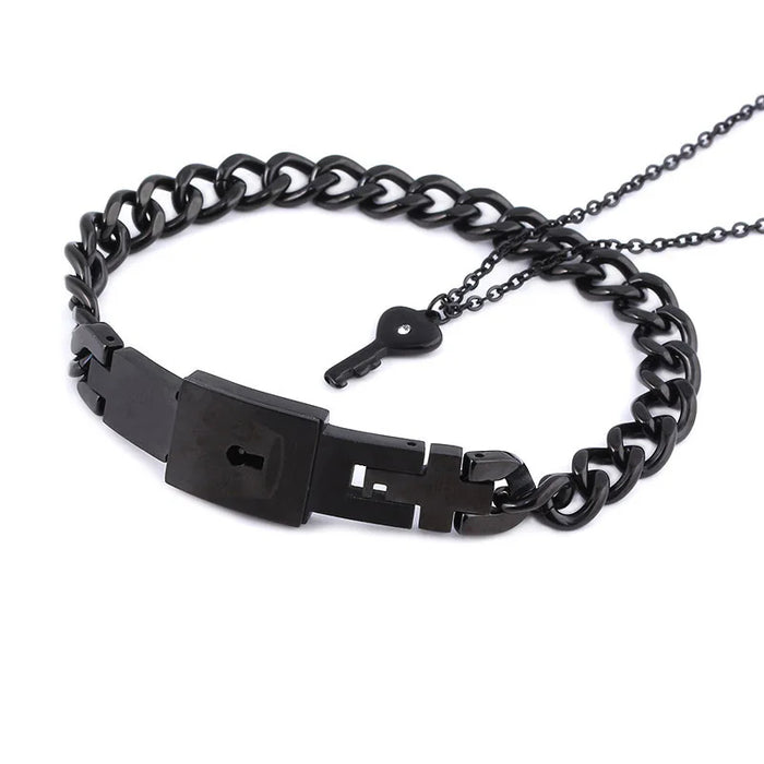 Black Concentric Lock Key Stainless Steel Couple Heart Bracelet and Necklace Sets On Sale