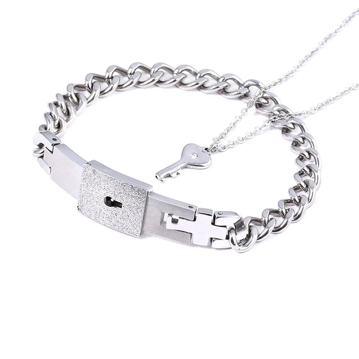 Silver Concentric Lock Key Stainless Steel Couple Heart Bracelet and Necklace Sets On Sale