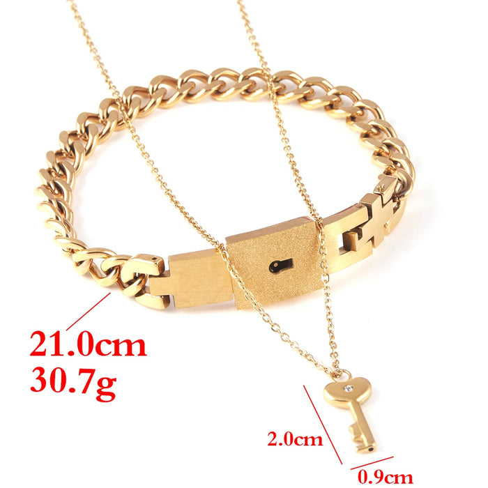 Gold Concentric Lock Key Stainless Steel Couple Heart Bracelet and Necklace Sets On Sale
