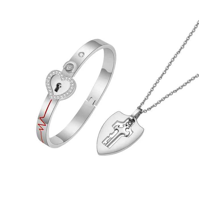 Silver Concentric Lock Key Stainless Steel Couple Heart Bracelet and Necklace Sets On Sale