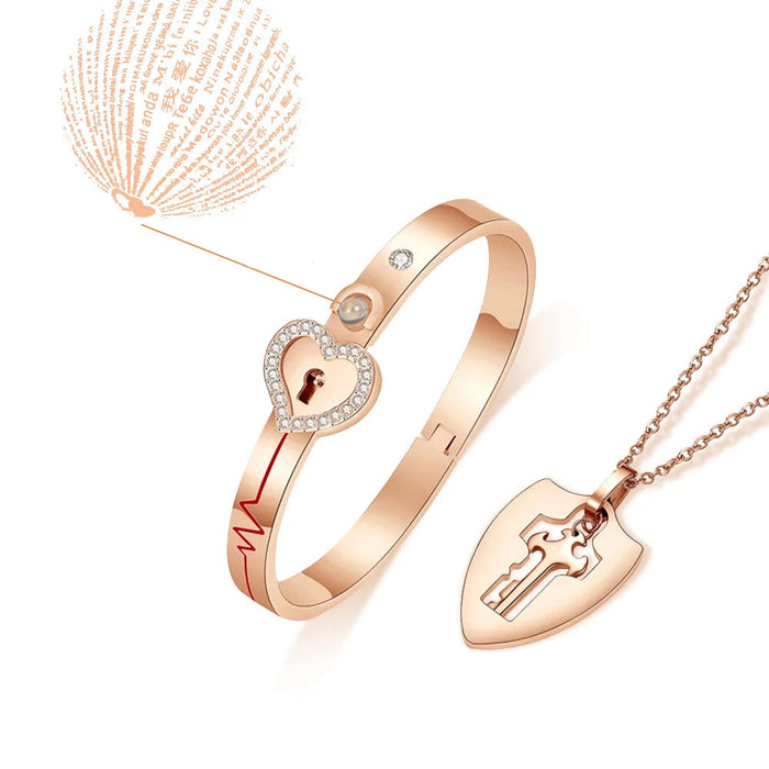 Rose Gold Concentric Lock Key Stainless Steel Couple Heart Bracelet and Necklace Sets On Sale