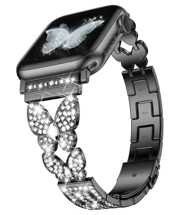Black Butterfly Rhinestone Stainless Steel Adjustable Chain Watch Band For Apple Watch 38mm 40mm 42mm 44mm 45mm 49mm On Sale