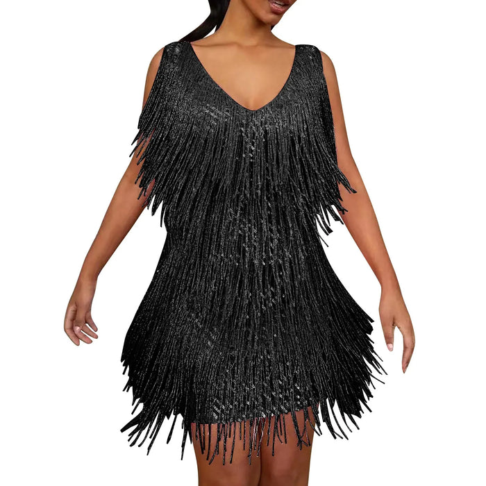 Black Sequin Tassel Fringe Mini Dress On Sale