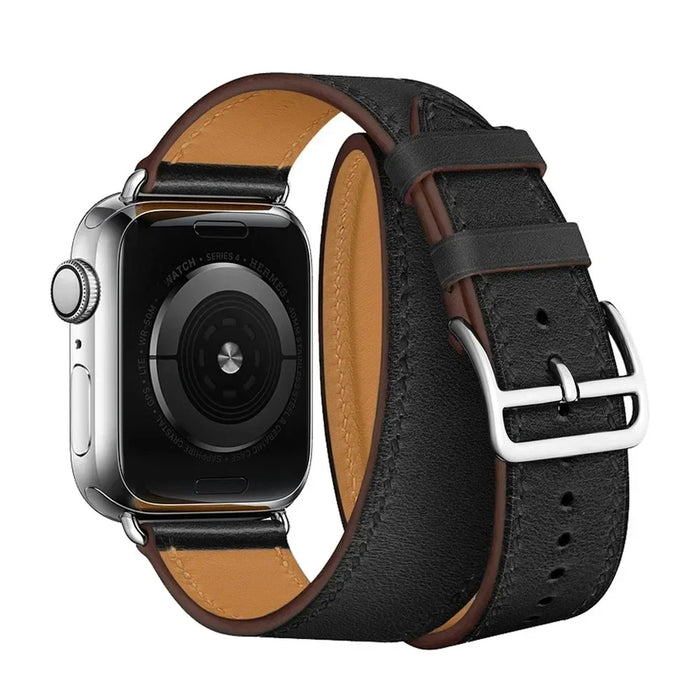 Black Double Tour Leather Wrap Watch Bracelet For Apple iWatch On Sale