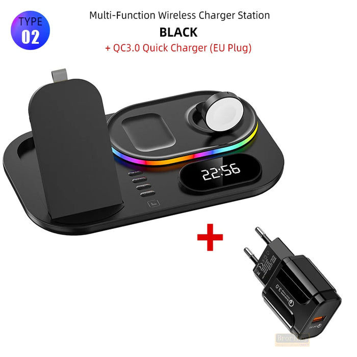 4 in 1 Wireless Fast Qi Charging Dock Station With LED Night Light And Time Display On Sale