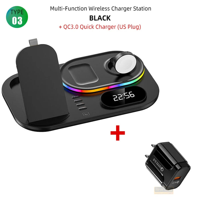 4 in 1 Wireless Fast Qi Charging Dock Station With LED Night Light And Time Display On Sale