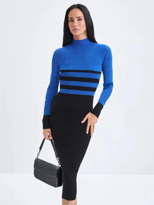 Blue Striped Long Knit Bodycon Dress On Sale
