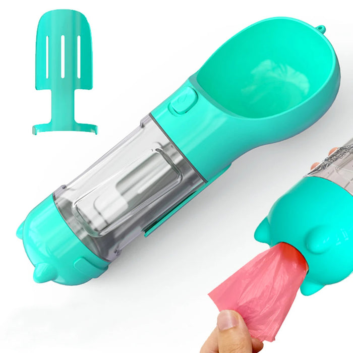 4-In-1 Multifunctional Blue Pet Water Bottle With Food Feeder, Waste Bag, And Poop Shovel On Sale