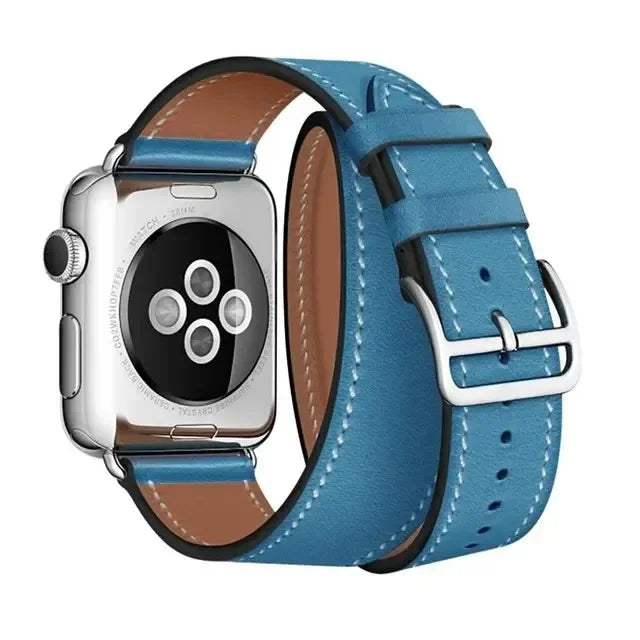 Blue Double Tour Leather Wrap Watch Bracelet For Apple iWatch On Sale