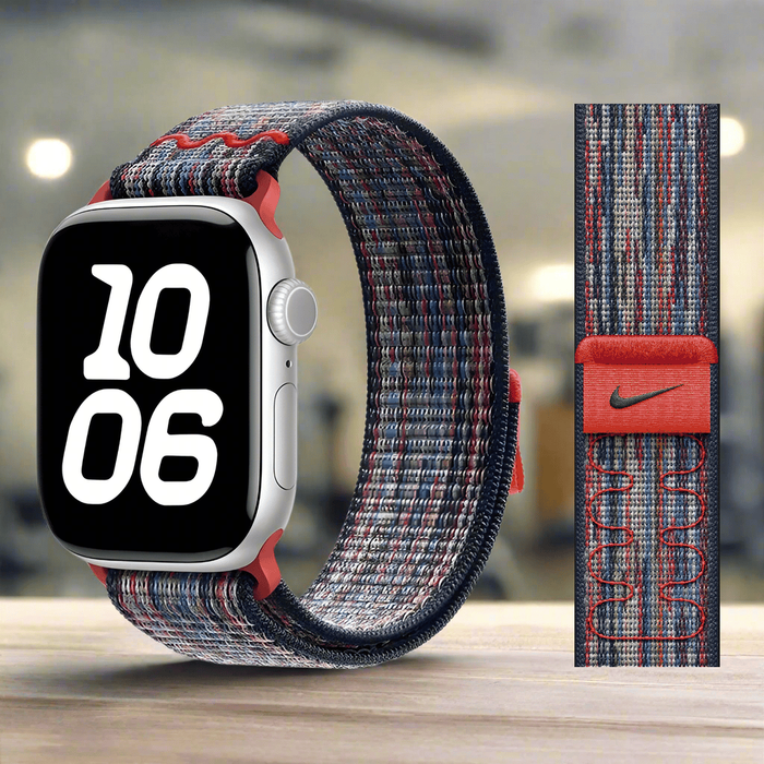 NIKE Style Blue Red Nylon Sport Watch Straps Collection For Apple Watch 38mm, 40mm, 41mm, 42mm, 44 mm, 45mm, 46mm, 49mm On Sale