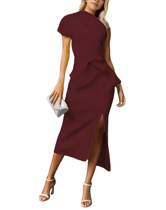 Elegant Asymmetric One Shoulder Cocktail Party Ruched Side Slit Burgundy Dress On Sale