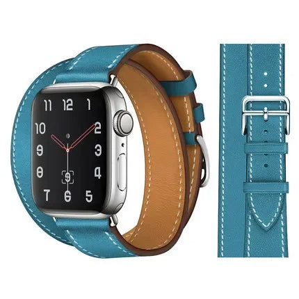 Blue Double Tour Genuine Leather Wrap Bracelet For Apple Watch Series 38mm, 40mm, 41mm, 42mm, 44mm, 45mm, 46mm, 49mm All Models On Sale