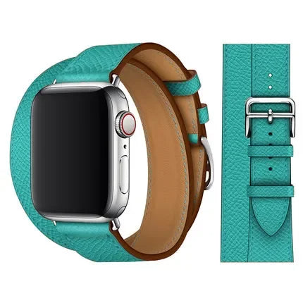 Green Double Tour Genuine Leather Wrap Bracelet For Apple Watch Series 38mm, 40mm, 41mm, 42mm, 44mm, 45mm, 46mm, 49mm All Models On Sale