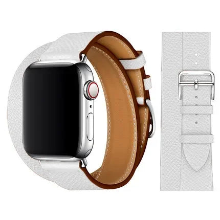 White Double Tour Genuine Leather Wrap Bracelet For Apple Watch Series 38mm, 40mm, 41mm, 42mm, 44mm, 45mm, 46mm, 49mm All Models On Sale