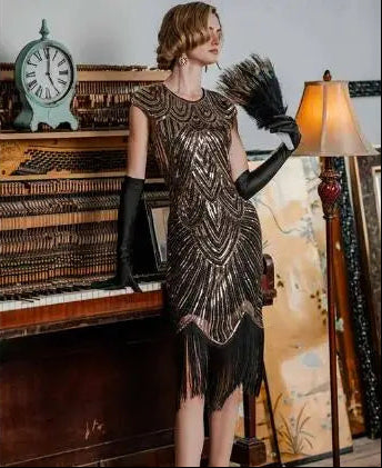 Black Gold O-Neck 1920s Vintage Party Inspired Fringe Flapper Dress On Sale