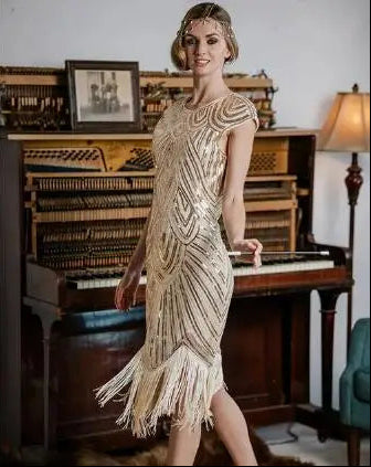 Gold O-Neck 1920s Vintage Party Inspired Fringe Flapper Dress On Sale