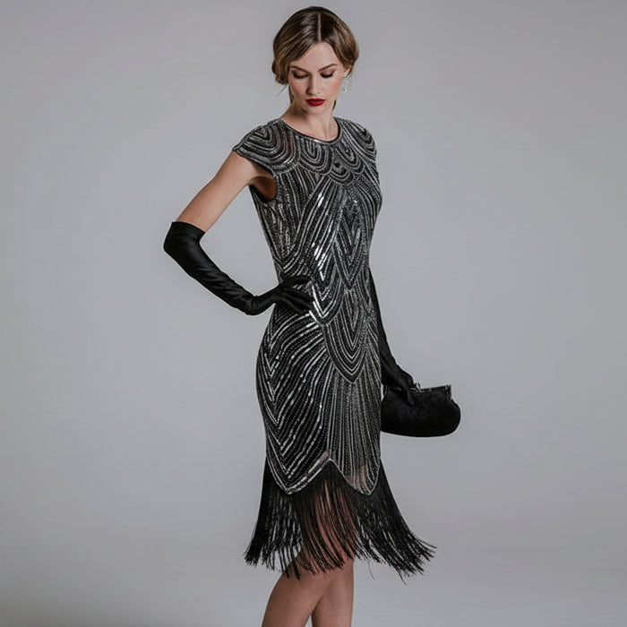 Silver O-Neck 1920s Vintage Party Inspired Fringe Flapper Dress On Sale