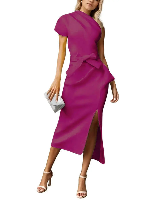 Elegant Asymmetric One Shoulder Cocktail Party Ruched Side Slit Hot Pink Dress On Sale