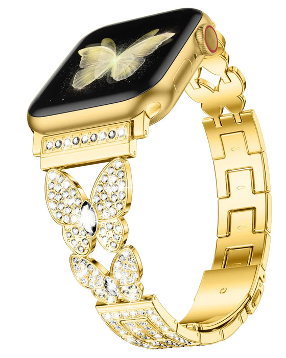 Gold Butterfly Rhinestone Stainless Steel Adjustable Chain Watch Band For Apple Watch 38mm 40mm 42mm 44mm 45mm 49mm On Sale