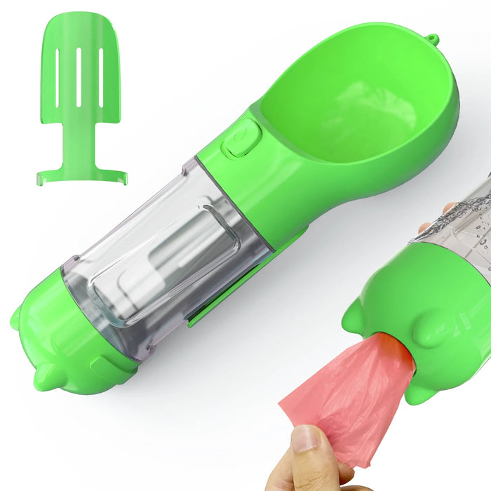4-In-1 Multifunctional Green Pet Water Bottle With Food Feeder, Waste Bag, And Poop Shovel On Sale