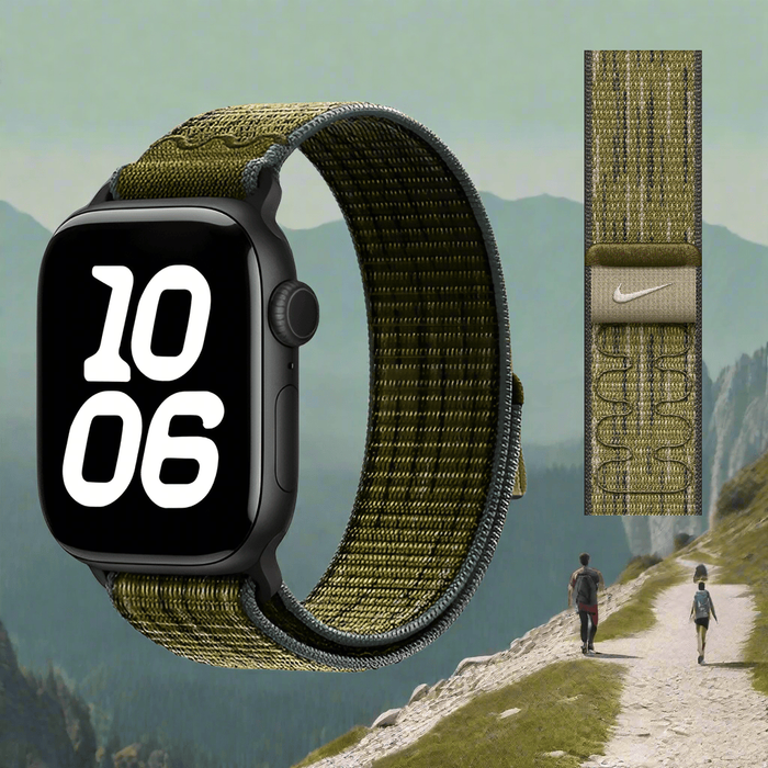 NIKE Style Green Grey Nylon Sport Watch Straps Collection For Apple Watch 38mm, 40mm, 41mm, 42mm, 44 mm, 45mm, 46mm, 49mm On Sale
