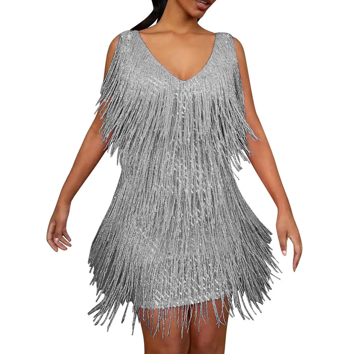 Grey Sequin Tassel Fringe Mini Dress On Sale