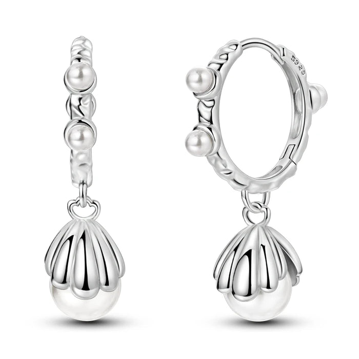 Seashell Pearl Elegant Ocean-Inspired 925 Sterling Silver Hoop Earrings On Sale