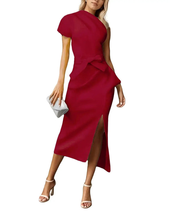 Elegant Asymmetric One Shoulder Cocktail Party Ruched Side Slit Red Dress On Sale
