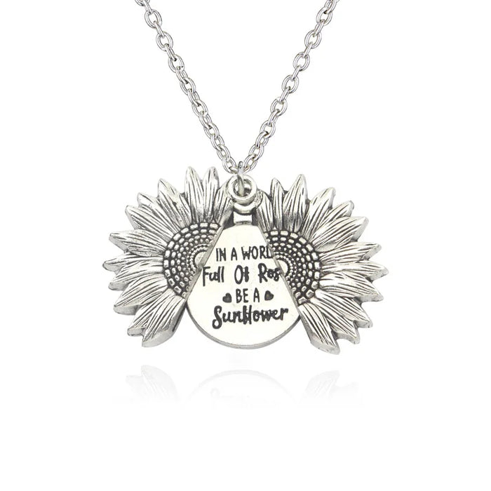 Silver Sunflower Open Locket Pendant Necklace On Sale