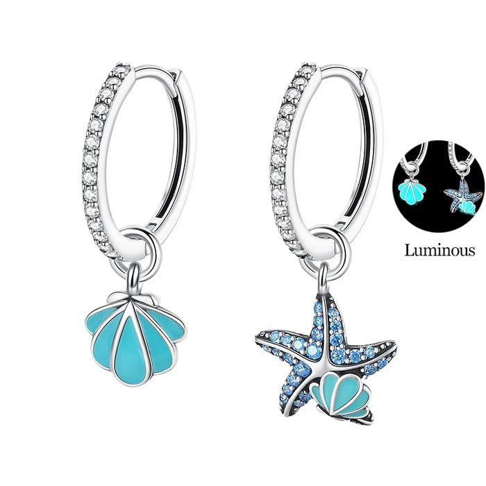 Glow-in-the-dark Elegant Ocean-Inspired 925 Sterling Silver Starfish And Seashell Hoop Earrings On Sale