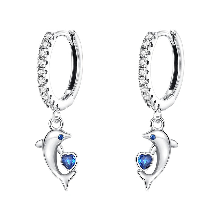 Elegant Sparkling Blue Heart Dolphin Ocean-Inspired 925 Sterling Silver Hoop Earrings On Sale