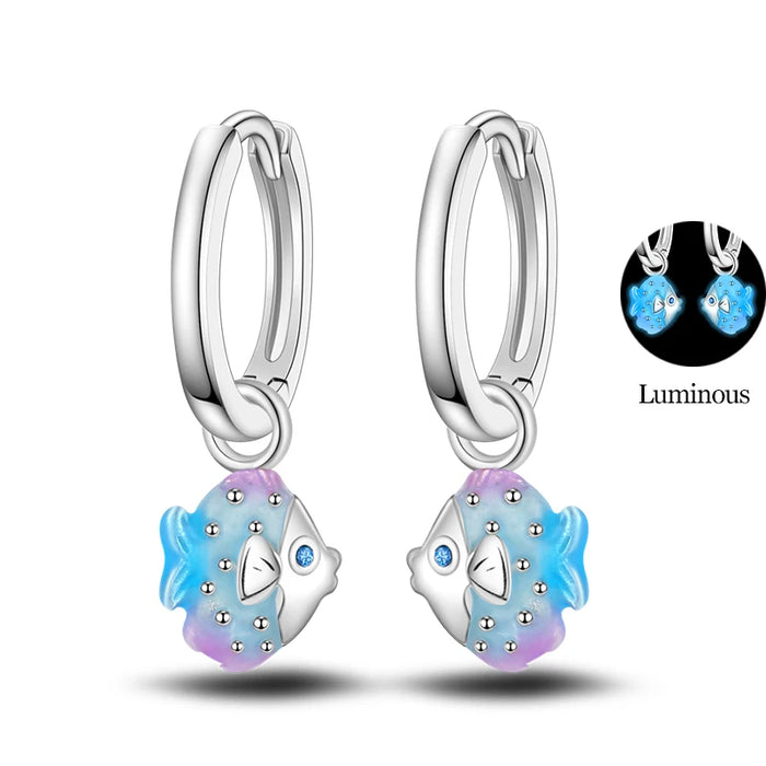 Glow-in-the-dark Fish Elegant Ocean-Inspired 925 Sterling Silver Hoop Earrings On Sale