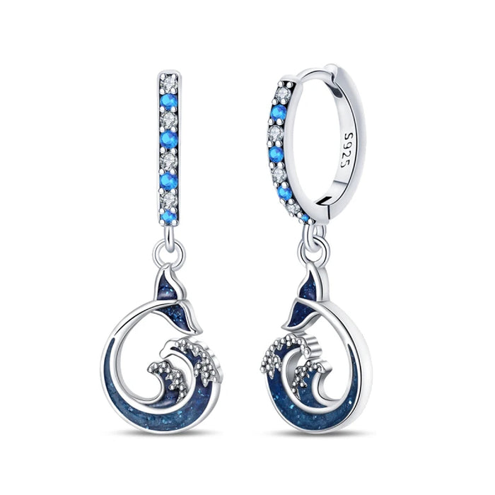 Whale Tail And Waves Elegant Ocean-Inspired 925 Sterling Silver Hoop Earrings On Sale