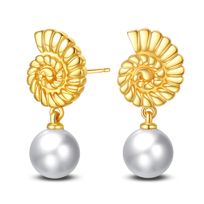 Gold Seashell And Pearl Elegant Ocean-Inspired 925 Sterling Silver Dangle Earrings On Sale