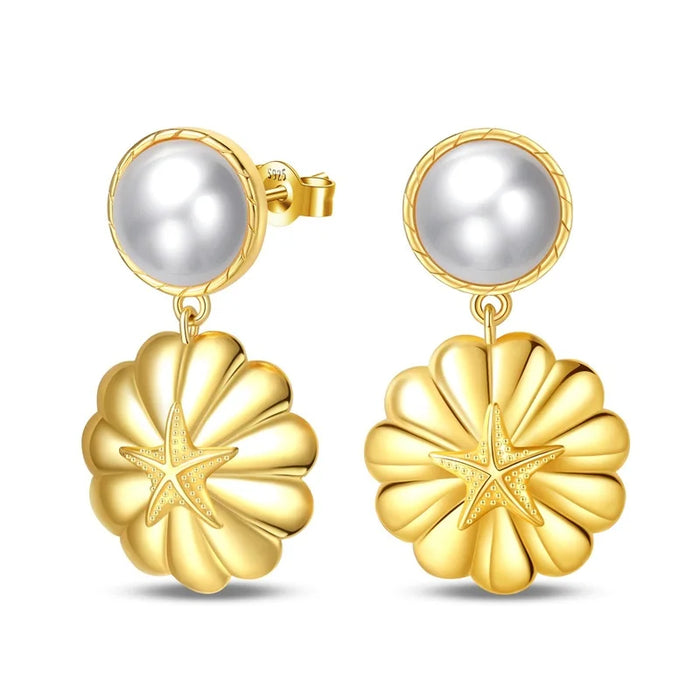 Gold Seashell And Pearl Elegant Ocean-Inspired 925 Sterling Silver Dangle Earrings On Sale
