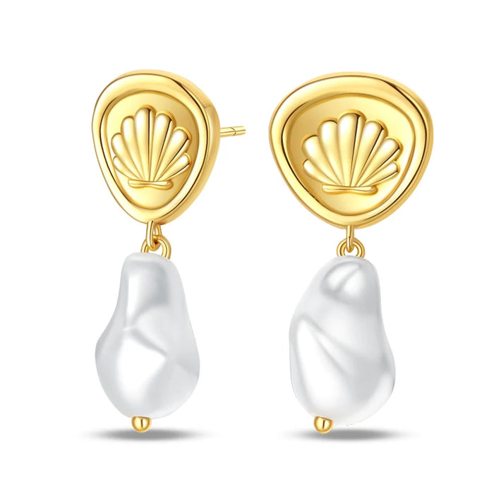 Gold Seashell And Pearl Elegant Ocean-Inspired 925 Sterling Silver Dangle Earrings On Sale