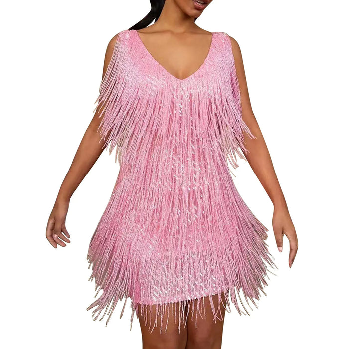Pink Sequin Tassel Fringe Mini Dress On Sale