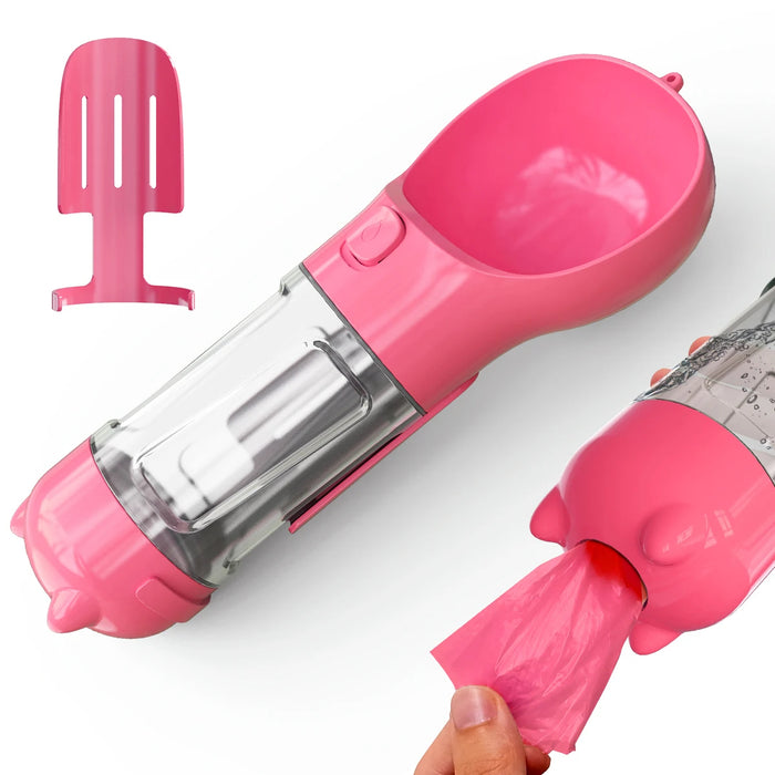 4-In-1 Multifunctional Pink Pet Water Bottle With Food Feeder, Waste Bag, And Poop Shovel On Sale