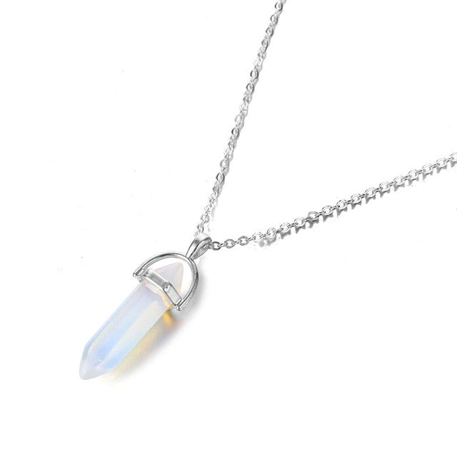 Natural Opal Quartz Crystal Hexagonal Pillar Bullet Pendant Necklaces On Sale