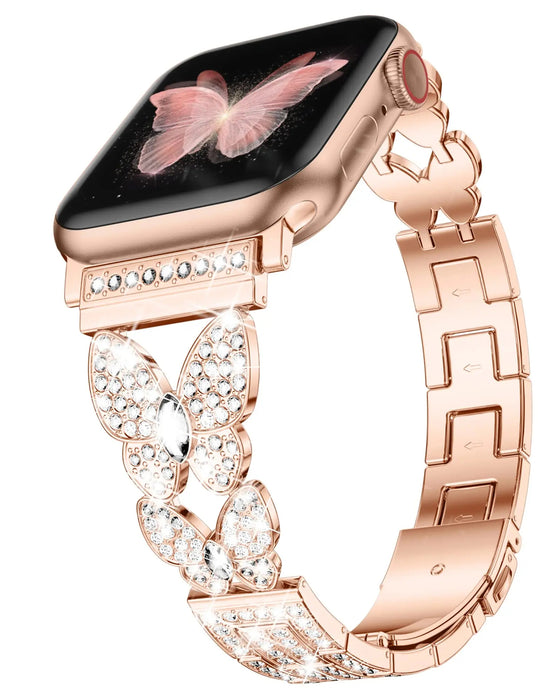 Rose Gold Butterfly Rhinestone Stainless Steel Adjustable Chain Watch Band For Apple Watch 38mm 40mm 42mm 44mm 45mm 49mm On Sale