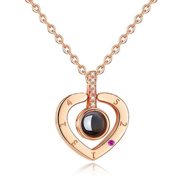 I Love You in 100 Languages Projection Necklace Pendant In Heart Shape Rose Gold On Sale
