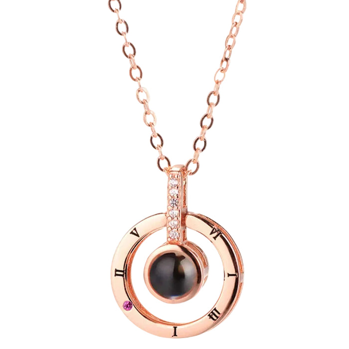 I Love You in 100 Languages Projection Necklace Pendant In Round Shape Rose Gold On Sale