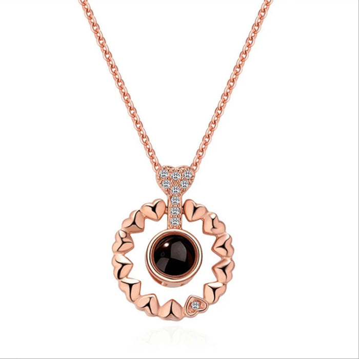 I Love You in 100 Languages Projection Necklace Pendant With Circle Hearts Designs In Rose Gold On Sale