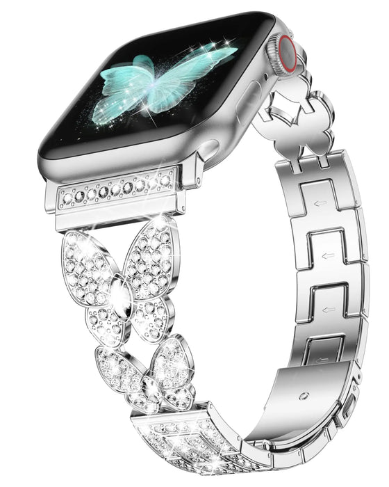 Silver Butterfly Rhinestone Stainless Steel Adjustable Chain Watch Band For Apple Watch 38mm 40mm 42mm 44mm 45mm 49mm On Sale