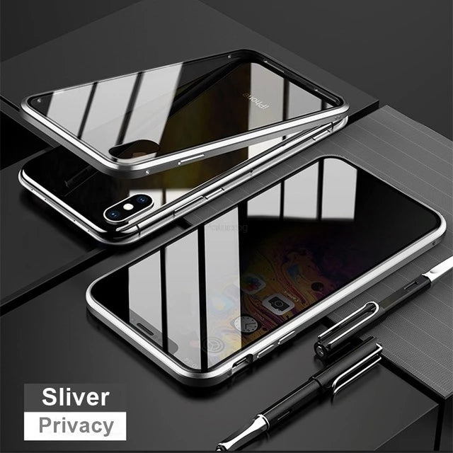 Silver 360 Magnetic Privacy Anti-peeping Tempered Glasses iPhone Protective Case On Sale