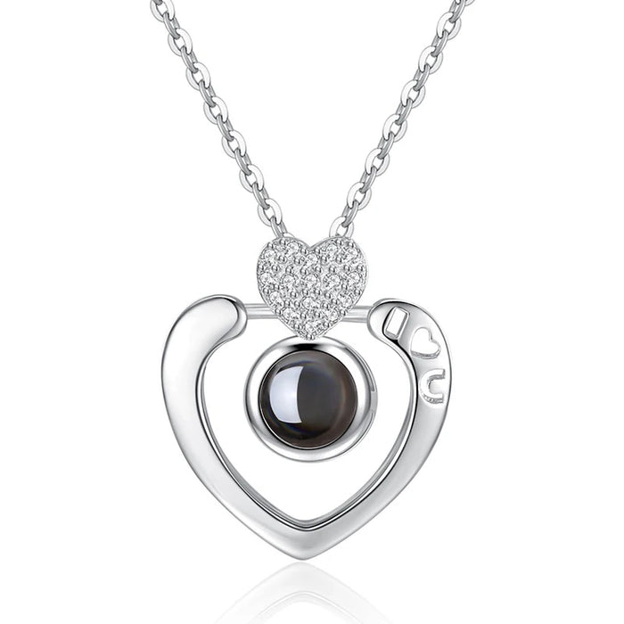 I Love You in 100 Languages Projection Necklace Pendant In Heart Shape Silver On Sale