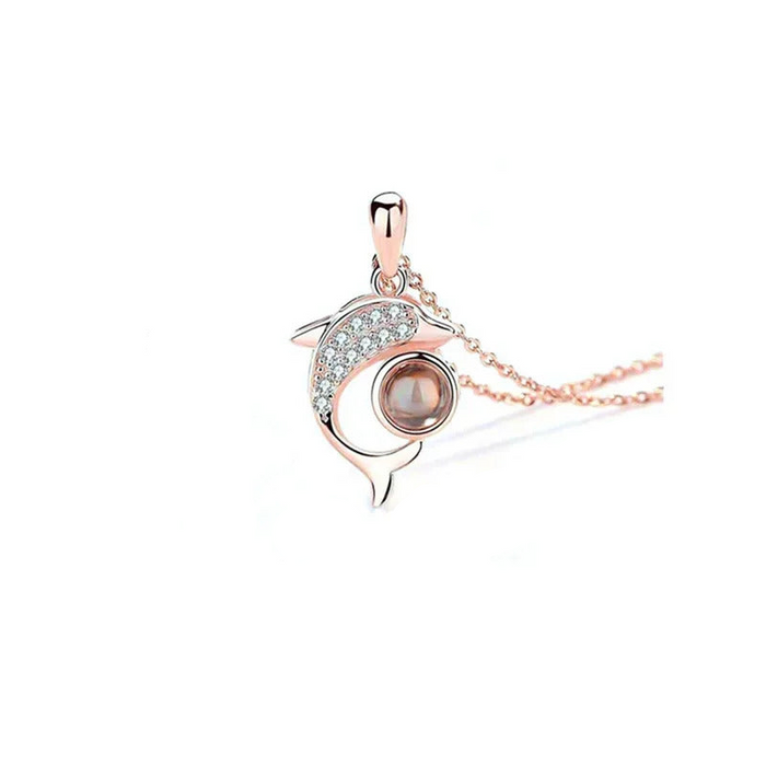 I Love You in 100 Languages Projection Necklace Pendant With Dolphin Design In Rose Gold On Sale